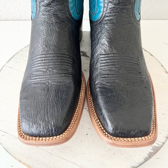 Rod Patrick Mens Cowboy Boots 13 AA Black Ostrich Blue Top Western Square Toe - Picture 6 of 12